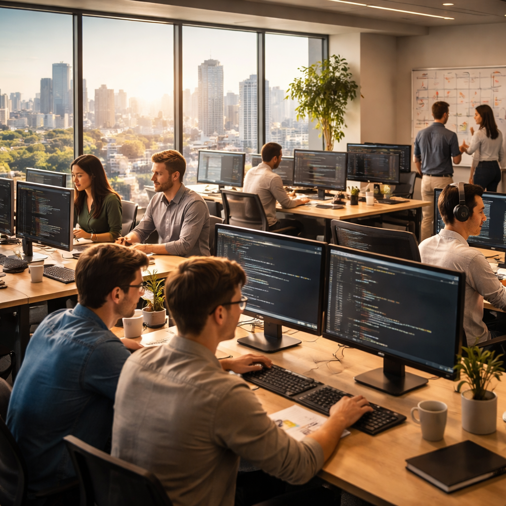 IT outsourcing team collaborating in a modern Australian office environment