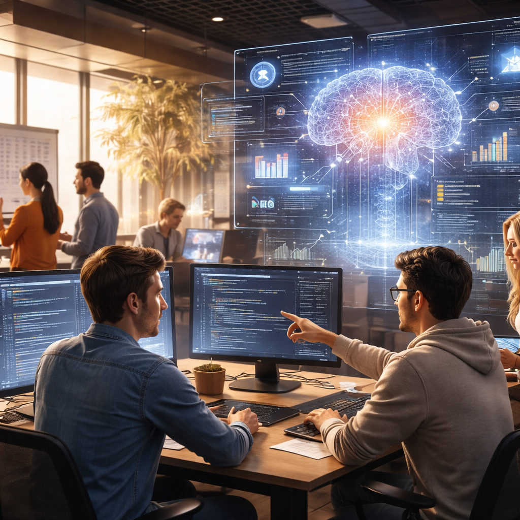 Developers collaborating with AI tools in a modern software engineering environment in Australia