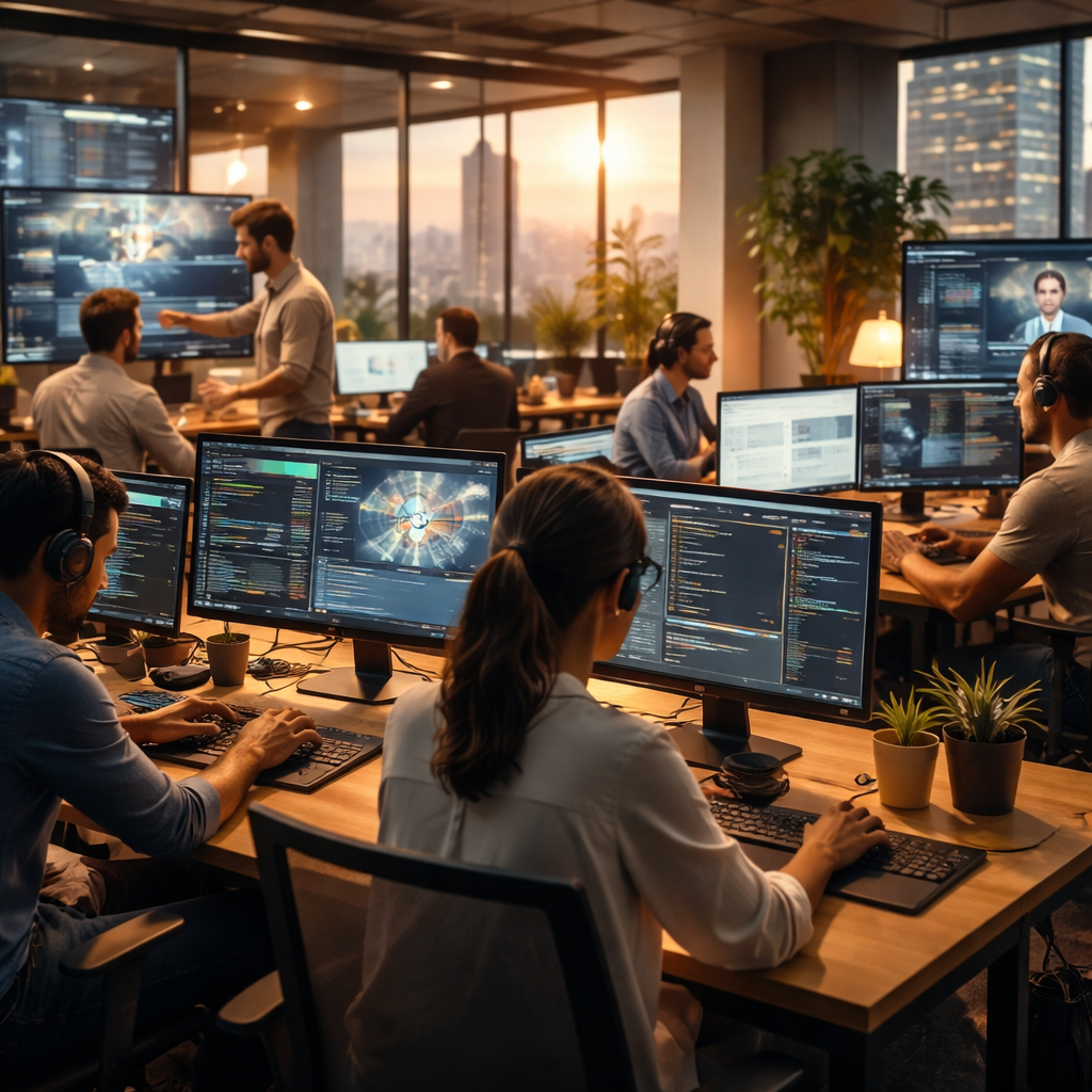 Professionals in an Australian office collaborating with remote colleagues via cloud-based IT solutions