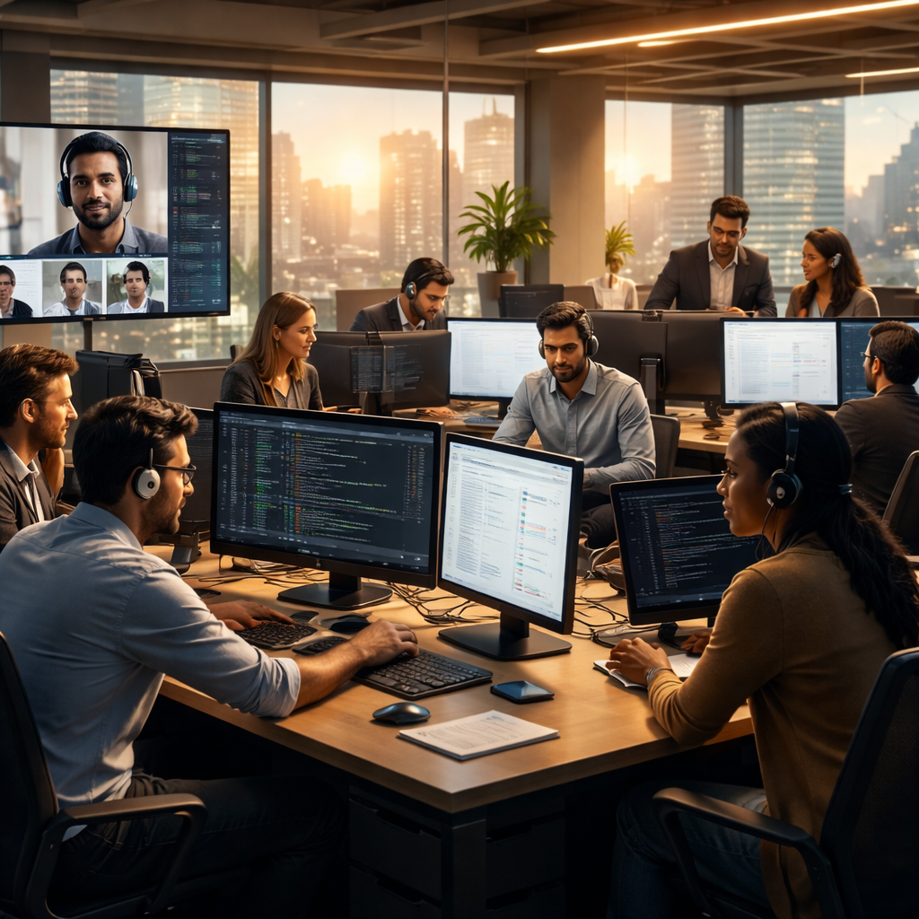 Business leaders reviewing IT outsourcing risk and governance dashboards in a modern Australian office setting