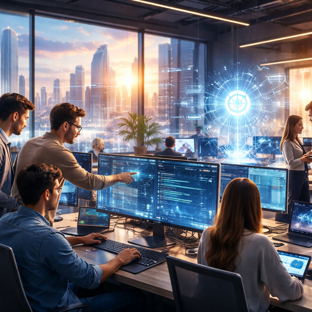 Developers collaborating with AI-driven development tools in a modern software engineering environment