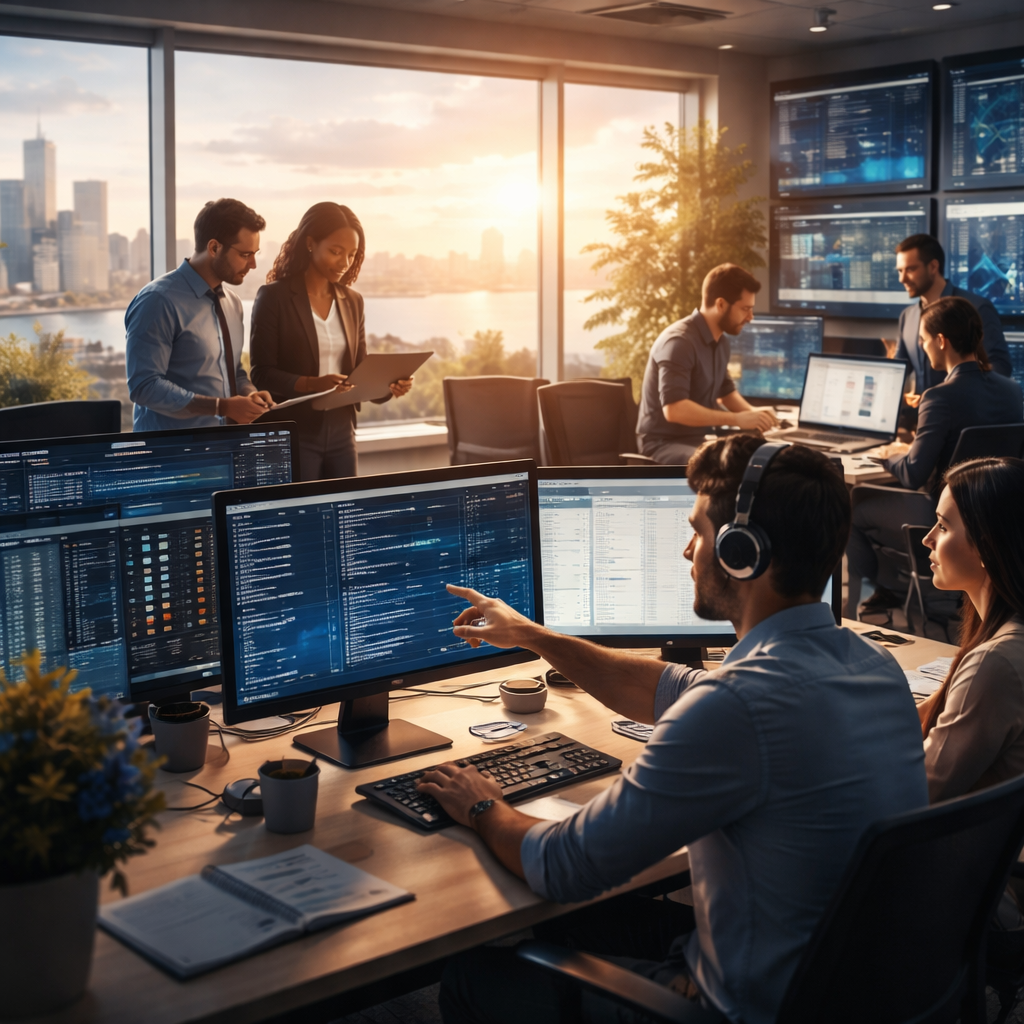 Managed IT services team analysing dashboards and cloud infrastructure in a modern Australian operations centre