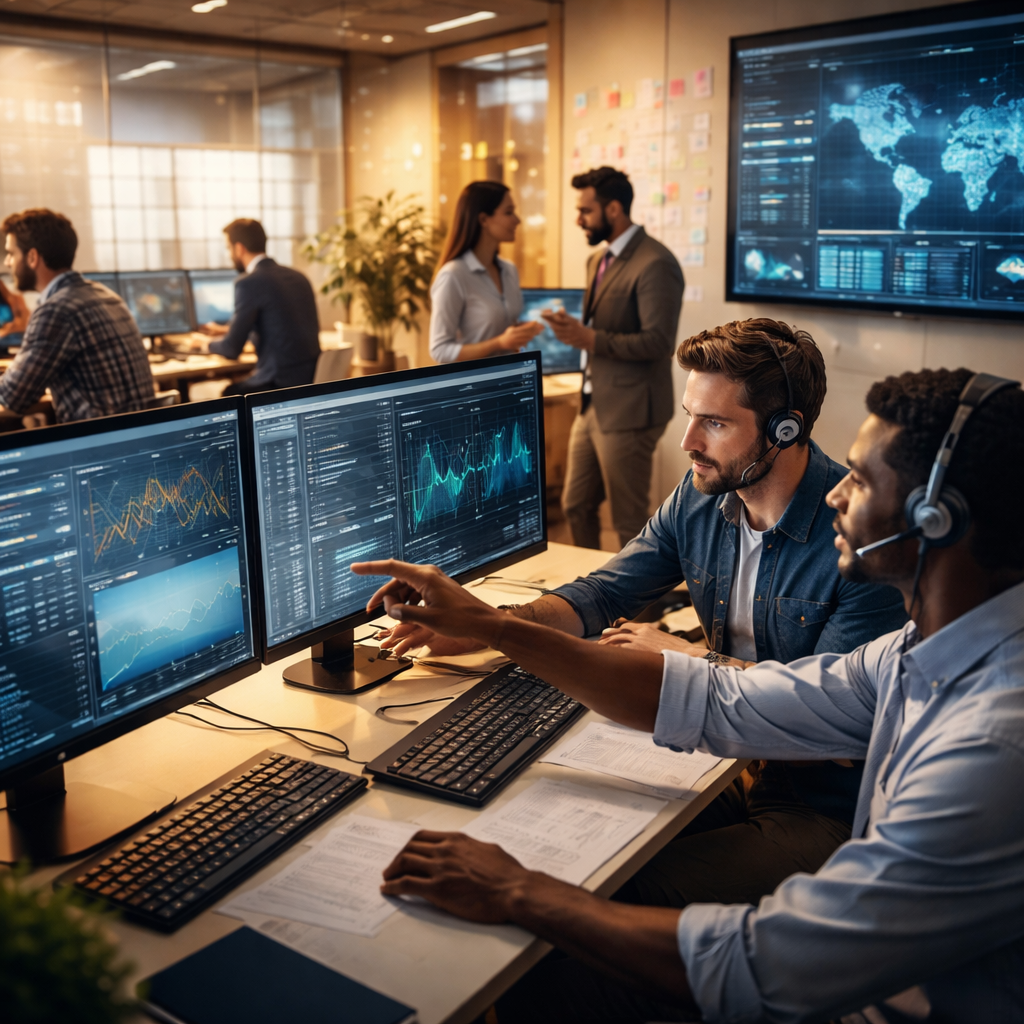 Illustration of IT professionals in an operations centre monitoring dashboards of key metrics for evaluating Managed IT Service Providers in Australia