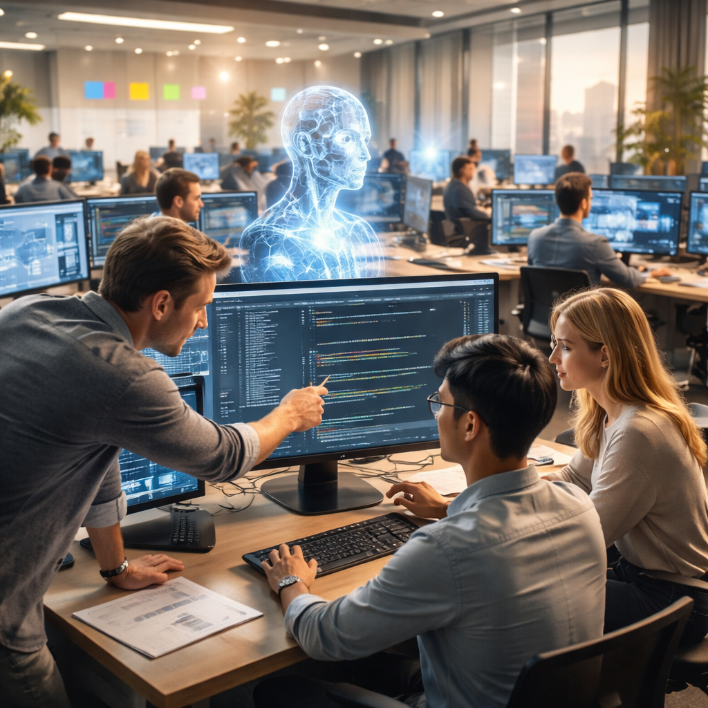 Developers collaborating with AI tools in a modern software engineering environment