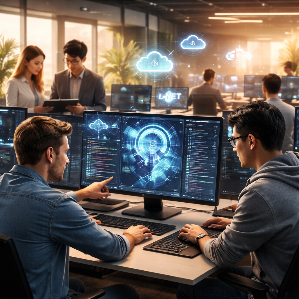 Developers collaborating with AI tools in a modern software engineering environment