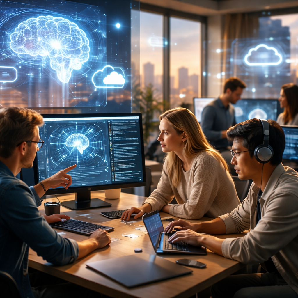 Developers collaborating with AI tools in a modern software engineering environment