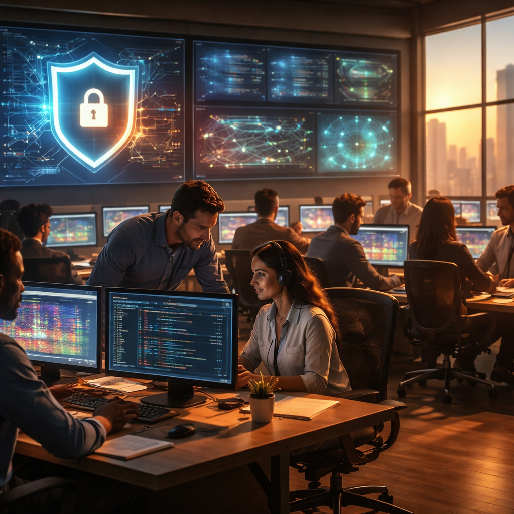 Illustration of Australian organisations enhancing cybersecurity posture through outsourced managed IT and MSSP partnerships in 2026, featuring a SOC dashboard, AI analytics, and cloud‑centric architecture.