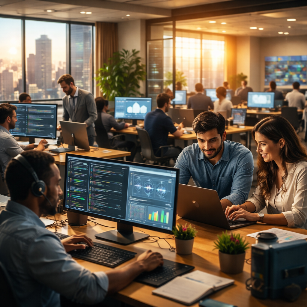 IT team and managed service provider reviewing performance dashboards and KPIs in an Australian office environment
