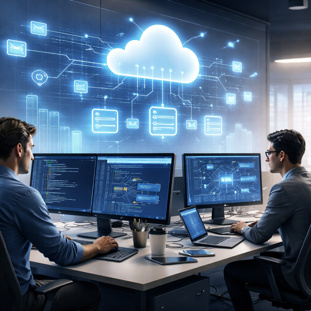Developers collaborating on cloud-native .NET architecture diagrams in an Australian enterprise office environment