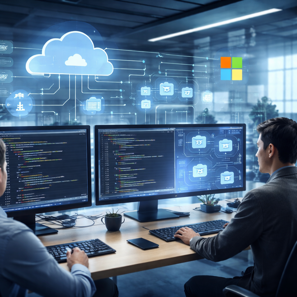 Developers collaborating on future-ready .NET solutions in a modern cloud environment