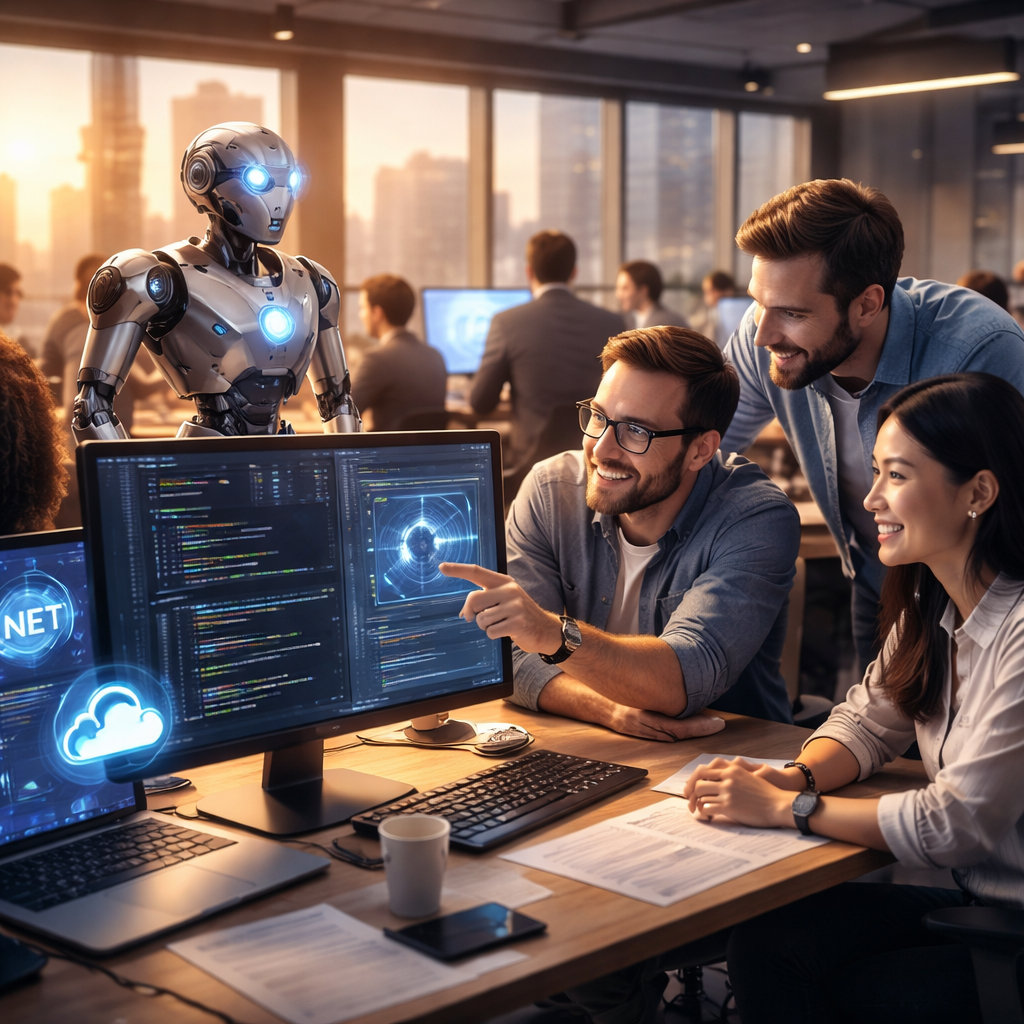 Developers collaborating with AI tools in modern software delivery pipeline