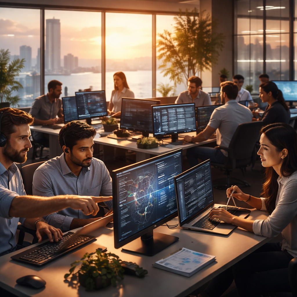IT professionals monitoring and managing a secure hybrid infrastructure dashboard in a managed services operations centre