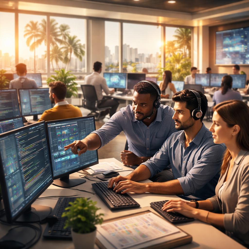 IT professionals in an Australian operations centre monitoring managed services dashboards