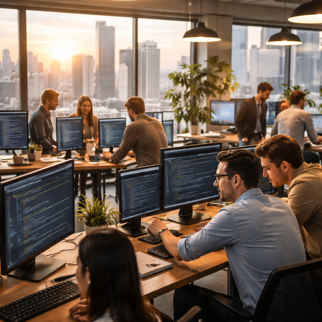 Professional IT outsourcing team collaborating in a modern operations centre