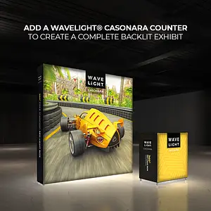 WaveLight® Casonara lightbox display showcases vibrant graphics, enhancing brand visibility in trade shows and retail