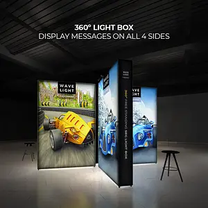 360° illuminated display showcasing WaveLight® Casonara's eco-friendly design for impactful exhibition signage.